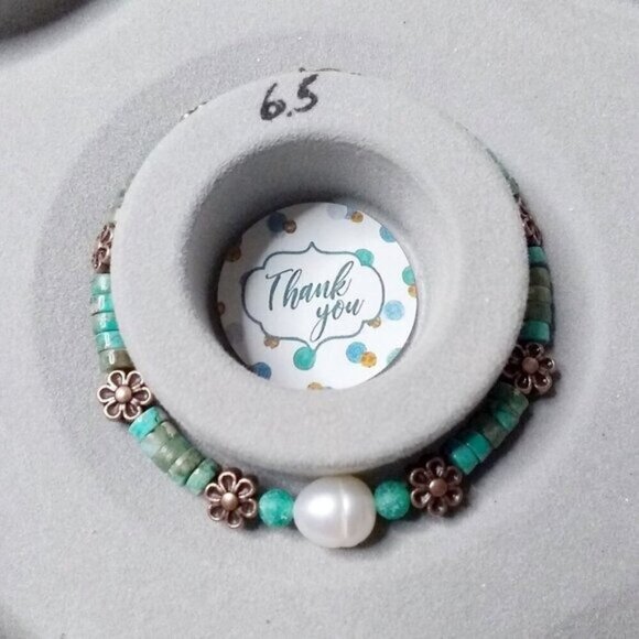 Green Sea Sediment Jasper + Copper Flowers + Real Pearl - Dainty Girly Tomboys - Picture 3 of 7